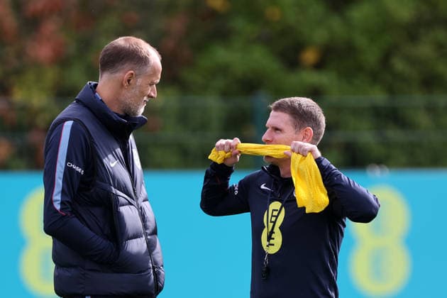 Thomas Tuchel manager of England with assistant Anthony Barry during their training a session at Tottenham Hotspur Training Ground, Enfield. Picture date: 28th September 2026. Picture credit should read: David Klein Sportimage EDITORIAL USE ONLY. No use with unauthorised audio, video, data, fixture lists, club league logos or live services. Online in-match use limited to 120 images, no video emulation. No use in betting, games or single club league player publications. SPI_032_DK_England_Training SPI-5048-0032
