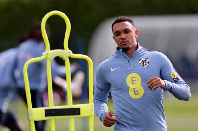 Trent Alexander-Arnold of England during their training a session at Tottenham Hotspur Training Ground, Enfield. Picture date: 28th September 2026. Picture credit should read: David Klein Sportimage EDITORIAL USE ONLY. No use with unauthorised audio, video, data, fixture lists, club league logos or live services. Online in-match use limited to 120 images, no video emulation. No use in betting, games or single club league player publications. SPI_050_DK_England_Training SPI-5048-0050