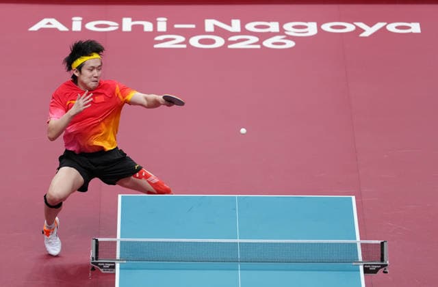 (260928) -- TOYOTA, Sept. 28, 2026 -- Wang Chuqin of China hits a return during the men s singles final match of Table tennis, Tischtennis against Lin Shidong of China at the 20th Asian Games Aichi-Nagoya 2026 in Toyota of Aichi Prefecture, Japan, Sept. 28, 2026. ) (SP)JAPAN-TOYOTA-ASIAN GAMES-TABLE TENNIS-MEN S SINGLES CheongxKamxKa 