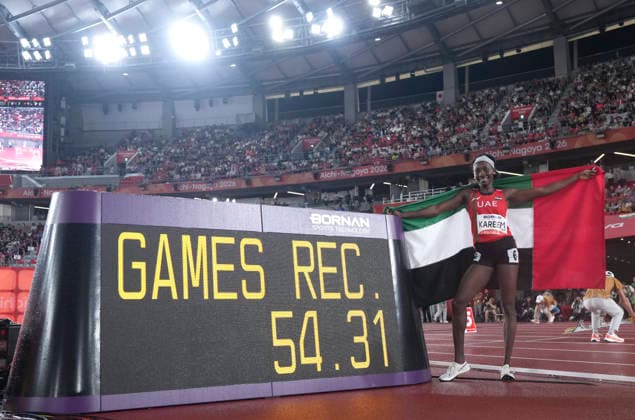 (260928) -- NAGOYA, Sept. 28, 2026 -- Mariam Kareem of the United Arab Emirates celebrates with the new games record she set after the women s 400m hurdles final of Athletics at the 20th Asian Games Aichi-Nagoya 2026 in Nagoya, Japan, Sept. 28, 2026. ) (SP)JAPAN-NAGOYA-ASIAN GAMES-ATHLETICS-WOMEN S 400M HURDLES-FINAL LuoxYuan 