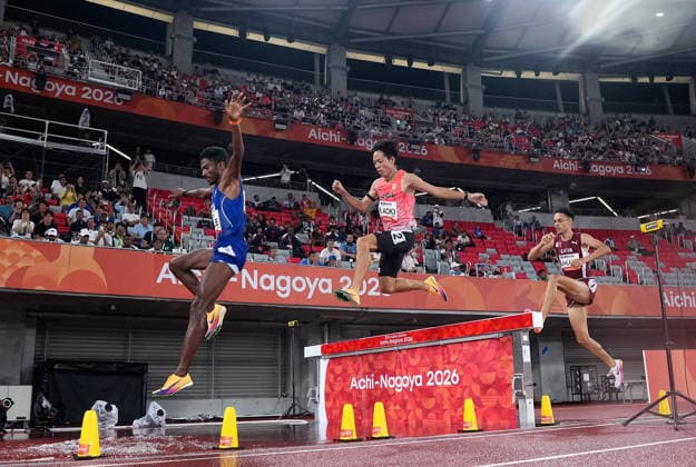 (260928) -- NAGOYA, Sept. 28, 2026 -- Aoki Ryoma (C) of Japan competes during the men s 3000m steeplechase final of Athletics at the 20th Asian Games Aichi-Nagoya 2026 in Nagoya, Japan, Sept. 28, 2026. ) (SP)JAPAN-NAGOYA-ASIAN GAMES-ATHLETICS-MEN S 3000M STEEPLECHASE-FINAL LuoxYuan 