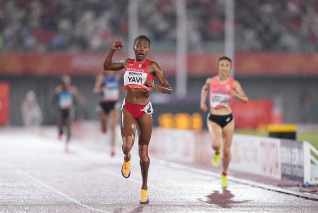 (260928) -- NAGOYA, Sept. 28, 2026 -- Winfred Yavi (front) of Bahrain competes during the women s 5000m final match of Athletics at the 20th Asian Games Aichi-Nagoya 2026 in Nagoya, Japan, Sept. 28, 2026. ) (SP)JAPAN-NAGOYA-ASIAN GAMES-ATHLETICS-WOMEN S 5000M LuixSiuxWai 
