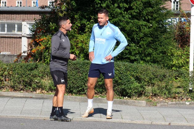 September 28, 2026, Germany, Soccer, 2. Bundesliga, 2026–2027 season, Sportforum, Hertha BSC, Head Coach Stefan Leitl leading training at Hertha BSC Berlin, Paul Seguin of Hertha BSC Berlin, September 30, 2026. DFB and DFL regulations prohibit any use of photographs as image sequences and or quasi-video. nordphoto GmbH, Engler, Berlin; Sportforum, Berlin, Germany Copyright: xNordphotox xEnglerx