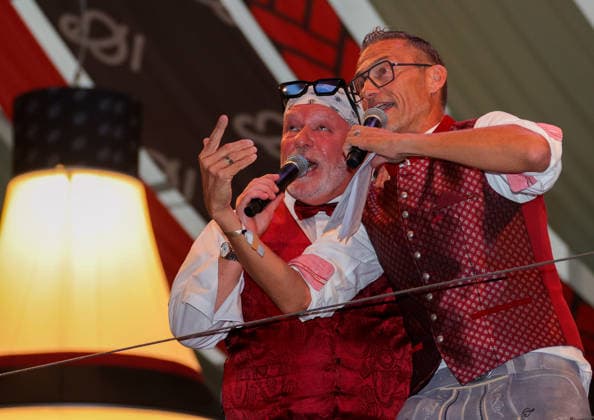 September 28, 2026, Germany, Stuttgart, Bundesliga Soccer, VfB Stuttgart at the Cannstatter Volksfest, Wasen, from left: Luigi, Holger Laser