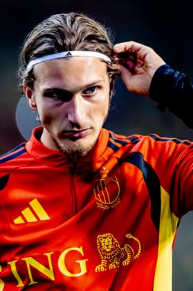 BRUSSELS, Belgium: Belgian forward Mika Godts during the UEFA Nations League match between Belgium and France at King Baudouin Stadium on September 28, 2026, in Brussels, Belgium. Photo by DeFodi Images