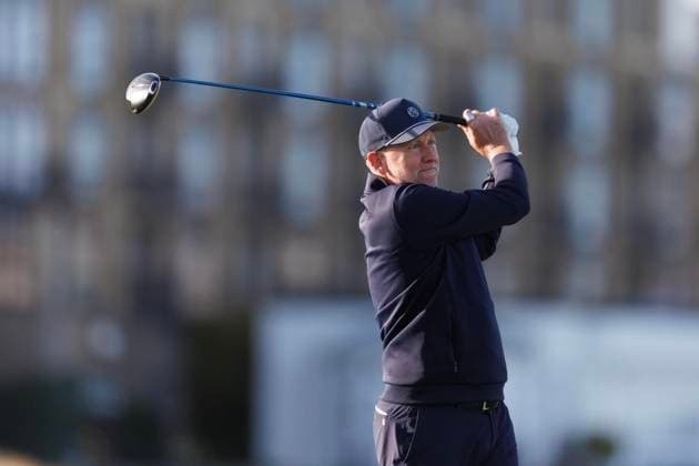 28th September 2026; The Old Course, St Andrews Links, St Andrews, Scotland; DP World Tour Golf, Alfred Dunhill Links Championship, Practice Day; Ian Poulter of England plays a shot from the tee on the eighteenth hole during a practice round DavidxYoung