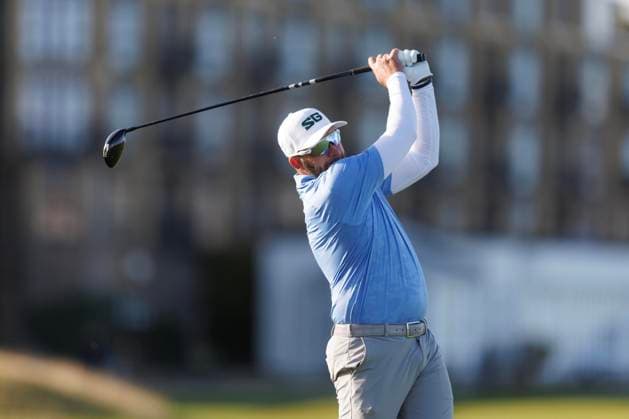 28th September 2026; The Old Course, St Andrews Links, St Andrews, Scotland; DP World Tour Golf, Alfred Dunhill Links Championship, Practice Day; Dean Burmester of South Africa plays a shot from the tee on the eighteenth hole during a practice round DavidxYoung