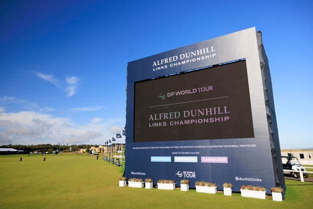 28th September 2026; The Old Course, St Andrews Links, St Andrews, Scotland; DP World Tour Golf, Alfred Dunhill Links Championship, Practice Day; Scoreboard on first fairway during a practice round DavidxYoung