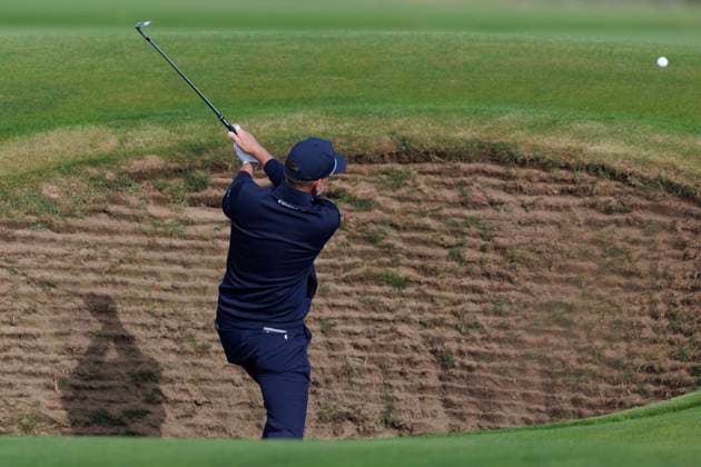 28th September 2026; The Old Course, St Andrews Links, St Andrews, Scotland; DP World Tour Golf, Alfred Dunhill Links Championship, Practice Day; Ian Poulter of England plays a shot from a bunker on the fourteenth hole during a practice round DavidxYoung