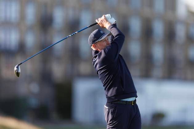 28th September 2026; The Old Course, St Andrews Links, St Andrews, Scotland; DP World Tour Golf, Alfred Dunhill Links Championship, Practice Day; Ian Poulter of England plays a shot from the tee on the eighteenth hole during a practice round DavidxYoung