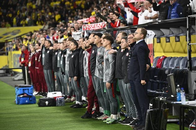 The Polish team during the national anthem before the UEFA Nations League Group B4 match between Sweden and Poland at Strawberry Arena in Stockholm, Sweden, on Sept. 28, 2026 STOCKHOLM SWEDEN x10080x  Copyright: xFredrikxSandberg TTx NATIONS LEAGUE SWEDEN-POLAND