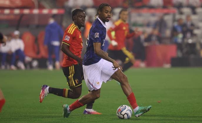 France s Bradley Barcola fights for the ball during a soccer game between Belgian national team, Nationalteam Red Devils and France, on Monday 28 September 2026 in Brussels, the second game of the UEFA Nations League group stage. VIRGINIExLEFOUR  x188115127x