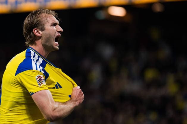 September 28, 2026: Benjamin Nygren of Sweden celebrates after scoring the 1-0 goal during the Nations League soccer match between Sweden and Poland on September 28, 2026 in Stockholm. Photo by Emma Wallskog, BILDBYRAN. Code: EW JM0857 bbeng soccer football soccer international match Nations League UEFA Nations League Sweden Sweden A Poland Poland celebration  Copyright: EMMAxWALLSKOG BB260928EW016