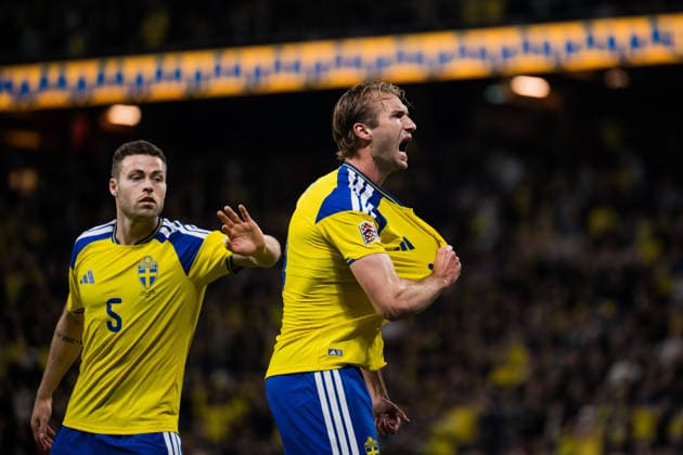 September 28, 2026: Gabriel Gudmundsson and Benjamin Nygren of Sweden celebrate after scoring the 1-0 goal during the Nations League soccer match between Sweden and Poland on September 28, 2026 in Stockholm. Photo by Emma Wallskog, BILDBYRAN, code EW JM0857 bbeng soccer football soccer international match Nations League UEFA Nations League Sweden Sweden A Poland Poland celebration  Copyright: EMMAxWALLSKOG BB260928EW017