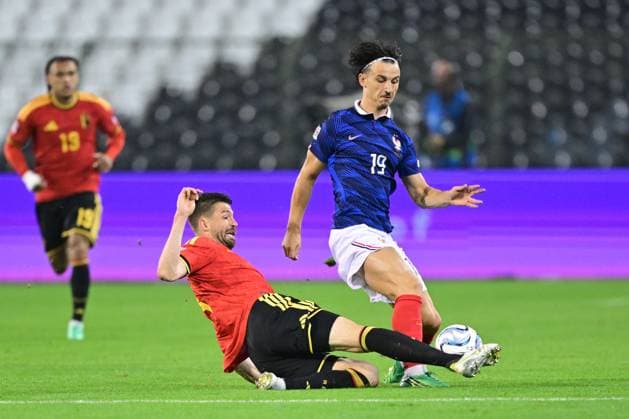 Belgium s Brandon Mechele and France s Esteban Lepaul pictured during a soccer game between Belgian national team, Nationalteam Red Devils and France, on Monday 28 September 2026 in Brussels, the second game of the UEFA Nations League group stage. DIRKxWAEM  x188115471x