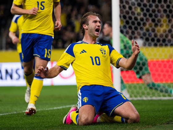 September 28, 2026: Benjamin Nygren of Sweden celebrates after scoring 1-0 during the Nations League soccer match between Sweden and Poland on September 28, 2026 in Stockholm. Photo by Emma Wallskog, BILDBYRAN, code EW JM0857 bbeng soccer football fotball international match Nations League UEFA Nations League Sweden Sweden A Poland Poland celebration  Copyright: EMMAxWALLSKOG BB260928EW020