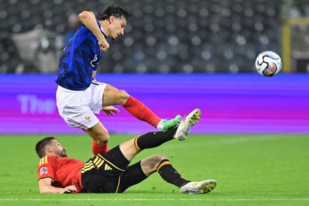 Belgium s Brandon Mechele and France s Esteban Lepaul pictured during a soccer game between Belgian national team, Nationalteam Red Devils and France, on Monday 28 September 2026 in Brussels, the second game of the UEFA Nations League group stage. DIRKxWAEM  x188115619x