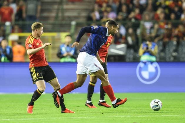 Belgium s Kevin De Bruyne and France s Maxence Lacroix fight for the ball during a soccer game between Belgian national team, Nationalteam Red Devils and France, on Monday 28 September 2026 in Brussels, the second game of the UEFA Nations League group stage. BRUNOxFAHY  x188115726x