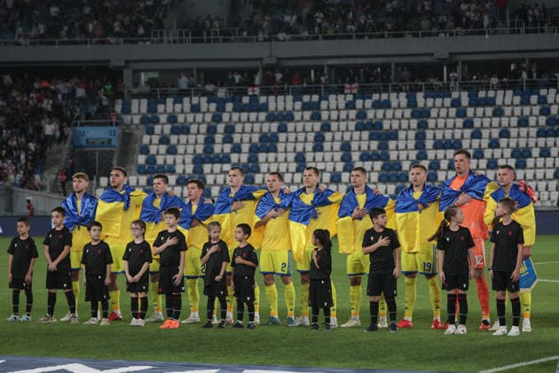 Players of Ukraine sing the national anthem before the UEFA Nations League match between Georgia and Ukraine at the The Boris Paitchadze Dinamo Arena in Tbilisi, Georgia, on September 28, 2026. Tbilisi Dinamo Arena named after Boris Paichadze, Akaki Tsereteli Avenue, Didube, Tbilisi, 0154, Georgia Georgia Copyright: xArturxStabulnieksx 1J7A8596