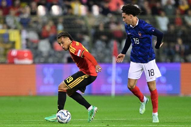 Belgium s Diego Moreira Da Silva and France s Maghnes Akliouche pictured during a soccer game between Belgian national team, Nationalteam Red Devils and France, on Monday 28 September 2026 in Brussels, the second game of the UEFA Nations League group stage. DIRKxWAEM  x188116207x