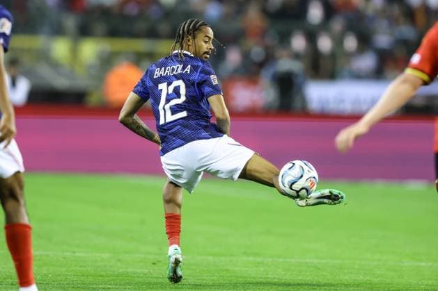France s Bradley Barcola is pictured in action during a soccer game between Belgian national team, Nationalteam Red Devils and France, on Monday 28 September 2026 in Brussels, the second game of the UEFA Nations League group stage. BRUNOxFAHY  x188116280x
