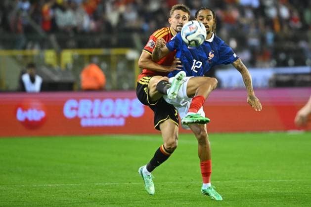 Belgium v France - UEFA Nations League 2026 BRUSSELS, BELGIUM - SEPTEMBER 28 : Castagne Timothy defender of Belgium battles for the ball with Barcola Bradley forward of France during the UEFA Nations League tournament league phase matchday 2 group A1 match between Belgium and France on September 28, 2026 in Brussels, Belgium, 28 09 2026 Brussels Belgium  Copyright: xVincentxKalutx