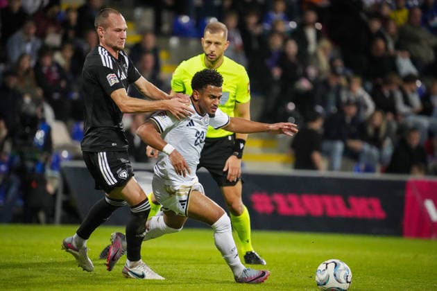 September 28, 2026, RÄÂ«Ga, Latvija: Latvian player EDUARDS EMSIS (L) vies with MARCUS EDWARDS of Cyprus during UEFA Nations League Ã¢â‚¬ League C match in Riga, Latvia, Sept. 28, 2026. RÄÂ«Ga Latvija - ZUMAp305 20260928_zip_p305_004 Copyright: xEdijsxPalensx