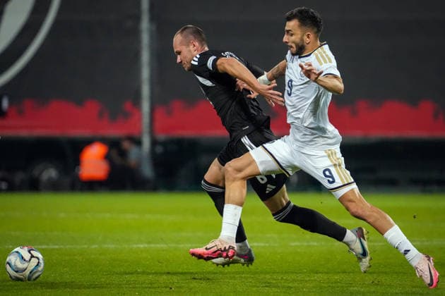 September 28, 2026, RÄÂ«Ga, Latvija: Latvian player EDUARDS EMSIS (L) vies with IOANNIS PITTAS of Cyprus during UEFA Nations League Ã¢â‚¬ League C match in Riga, Latvia, Sept. 28, 2026. RÄÂ«Ga Latvija - ZUMAp305 20260928_zip_p305_002 Copyright: xEdijsxPalensx