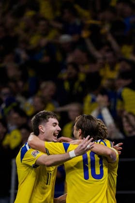 September 28, 2026: Benjamin Nygren of Sweden celebrates with Patrik Walemark and Carl Starfelt after scoring the 1-0 goal during the Nations League soccer match between Sweden and Poland on September 28, 2026 in Stockholm. Photo by Joel Marklund, BILDBYRAN. Code: JM JM0857 bbeng soccer football soccer match international match Nations League UEFA Nations League Sweden Sweden A Poland Poland celebration  Copyright: JOELxMARKLUND BB260928JM010