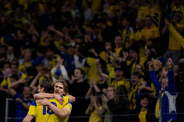 September 28, 2026: Benjamin Nygren of Sweden celebrates with Carl Starfelt after scoring the 1-0 goal during the Nations League soccer match between Sweden and Poland on September 28, 2026 in Stockholm. Photo by Joel Marklund, BILDBYRAN. Code: JM JM0857 bbeng soccer football national team match Nations League UEFA Nations League Sweden Sweden A Poland Poland celebration  Copyright: JOELxMARKLUND BB260928JM012