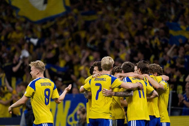 September 28, 2026: Benjamin Nygren of Sweden celebrates with his teammates after scoring the 1-0 goal during the Nations League soccer match between Sweden and Poland on September 28, 2026 in Stockholm. Photo by Joel Marklund, BILDBYRAN. Code: JM JM0857 bbeng soccer football soccer international match Nations League UEFA Nations League Sweden Sweden A Poland Poland celebration  Copyright: JOELxMARKLUND BB260928JM015