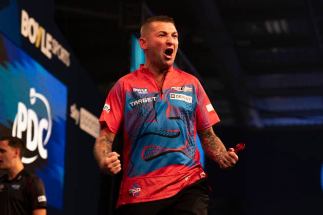 2026 BOYLE Sports World Grand Prix Nathan Aspinall celebrates winning against Kevin Doets during the 2026 Boyle Sports World Grand Prix at Mattioli Arena, Leicester, United Kingdom on 28 September 2026 Credit: Alex Young Every Second Media Editorial use only. All images are copyright Every Second Media Limited. No images may be reproduced without prior permission. Copyright: xIMAGO EveryxSecondxMediax ESM-2190-0020 AlexxYoungx xEveryxSecondxMediax