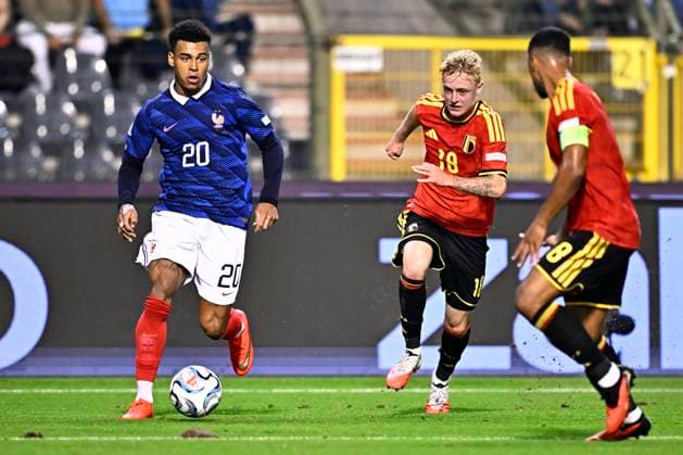 Belgium v France - UEFA Nations League 2026 BRUSSELS, BELGIUM - SEPTEMBER 28 : Doue Desire forward of France and Seys Joaquin defender of Belgium during the UEFA Nations League tournament league phase matchday 2 group A1 match between Belgium and France on September 28, 2026 in Brussels, Belgium, 28 09 2026 Brussels Belgium  Copyright: xTomasxSiskx