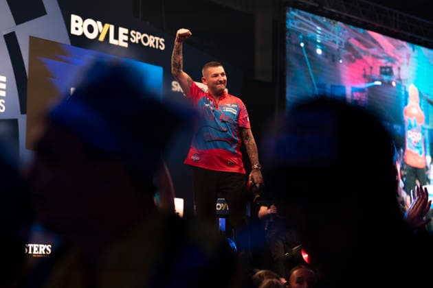 2026 BOYLE Sports World Grand Prix Nathan Aspinall celebrates winning against Kevin Doets during the 2026 Boyle Sports World Grand Prix at Mattioli Arena, Leicester, United Kingdom on 28 September 2026 Credit: Alex Young Every Second Media Editorial use only. All images are copyright Every Second Media Limited. No images may be reproduced without prior permission. Copyright: xIMAGO EveryxSecondxMediax ESM-2190-0022 AlexxYoungx xEveryxSecondxMediax