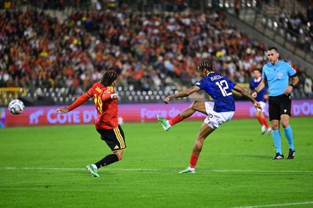 Belgium s Diego Moreira Da Silva and France s Bradley Barcola pictured during a soccer game between Belgian national team, Nationalteam Red Devils and France, on Monday 28 September 2026 in Brussels, the second game of the UEFA Nations League group stage. DIRKxWAEM  x188118288x