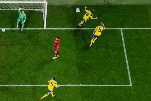September 28, 2026 Goalkeeper Marcin Bulka of Poland looks dejected while Benjamin Nygren of Sweden celebrates after scoring the 1-0 goal during the Nations League soccer match between Sweden and Poland on September 28, 2026 in Stockholm. Photo by Joel Marklund, BILDBYRAN. Code: JM JM0857 bbeng soccer football soccer international match Nations League UEFA Nations League Sweden Sweden A Poland Poland dejected celebration  Copyright: JOELxMARKLUND BB260928JM017