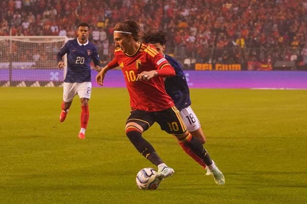 2026-09-28 Belgium v France - UEFA Nations League BRUSSELS, BEL - SEPTEMBER 28: Mika Godts of Belgium runs with the ball during the UEFA Nations League match between Belgium and France at King Baudouin Stadium on September 28, 2026 in Brussels, BEL. Brussels King Baudouin Stadium BEL Content not available for redistribution in The Netherlands directly or indirectly through any third parties. Copyright: xAndrexWeeningx