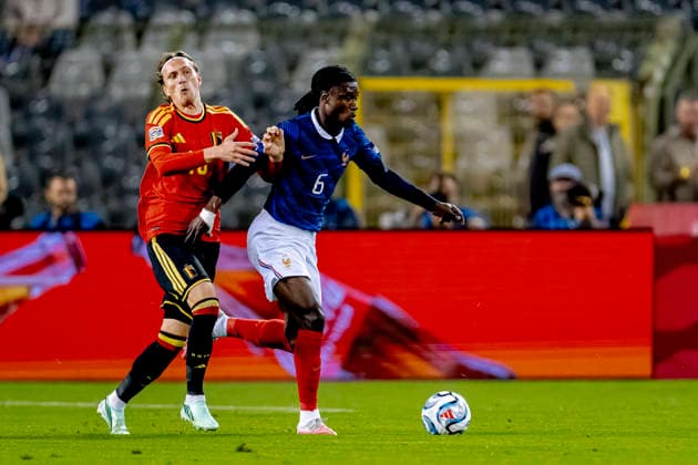 Belgium forward Mika Godts and France midfielder Eduardo Camavinga during the UEFA Nations League match between Belgium and France at King Baudouin Stadium on September 28, 2026, in Brussels, Belgium. Photo by DeFodi Images