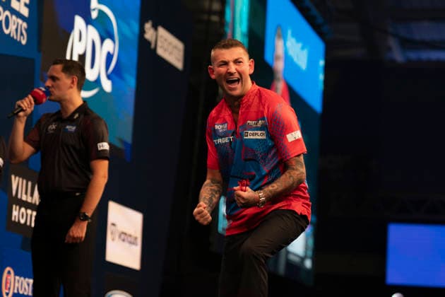 2026 BOYLE Sports World Grand Prix Nathan Aspinall celebrates winning against Kevin Doets during the 2026 Boyle Sports World Grand Prix at Mattioli Arena, Leicester, United Kingdom on 28 September 2026 Credit: Alex Young Every Second Media Editorial use only. All images are copyright Every Second Media Limited. No images may be reproduced without prior permission. Copyright: xIMAGO EveryxSecondxMediax ESM-2190-0025 AlexxYoungx xEveryxSecondxMediax