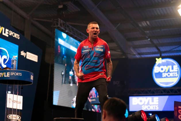2026 BOYLE Sports World Grand Prix Nathan Aspinall celebrates winning against Kevin Doets during the 2026 Boyle Sports World Grand Prix at Mattioli Arena, Leicester, United Kingdom on 28 September 2026 Credit: Alex Young Every Second Media Editorial use only. All images are copyright Every Second Media Limited. No images may be reproduced without prior permission. Copyright: xIMAGO EveryxSecondxMediax ESM-2190-0028 AlexxYoungx xEveryxSecondxMediax