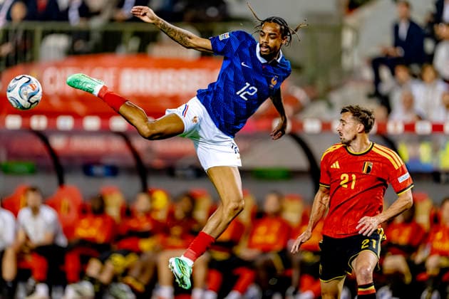 BRUSSELS: France forward Bradley Barcola and Belgium defender Timothy Castagne during the UEFA Nations League match between Belgium and France at King Baudouin Stadium on September 28, 2026, in Brussels, Belgium. Photo by DeFodi Images