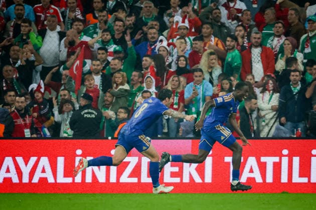BURSA, TURKEY - SEPTEMBER 28 : Michael Kayode of Italy and Sandro Tonali of Italy celebrate the goal during the UEFA Nations League 2026 27 League phase Matchday 2, League A Group 1 match between Turkey and Italy at Ataturk Sports Complex Matli Stadium on September 28, 2026 in Bursa, Turkey. Copyright: xBurakxBasturkx xSPPx Sportspressphoto_SPR241787