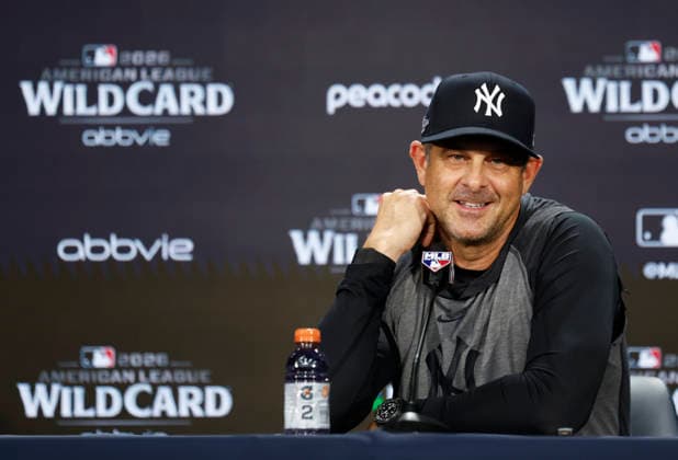 New York Yankees manager Aaron Boone speaks at a press conference, PK, Pressekonferenz one day before the start of the MLB, Baseball Herren, USA American League Wild-Card Series against the Boston Red Sox at Yankee Stadium on Monday, September 28, 2026 in New York City.  NYP20260928102 JOHNxANGELILLO
