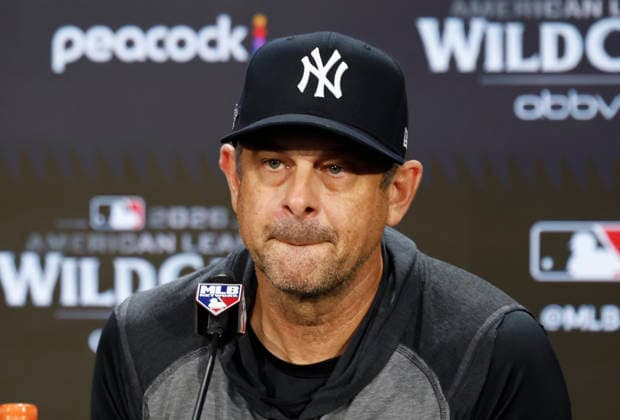 New York Yankees manager Aaron Boone speaks at a press conference, PK, Pressekonferenz one day before the start of the MLB, Baseball Herren, USA American League Wild-Card Series against the Boston Red Sox at Yankee Stadium on Monday, September 28, 2026 in New York City.  NYP20260928103 JOHNxANGELILLO
