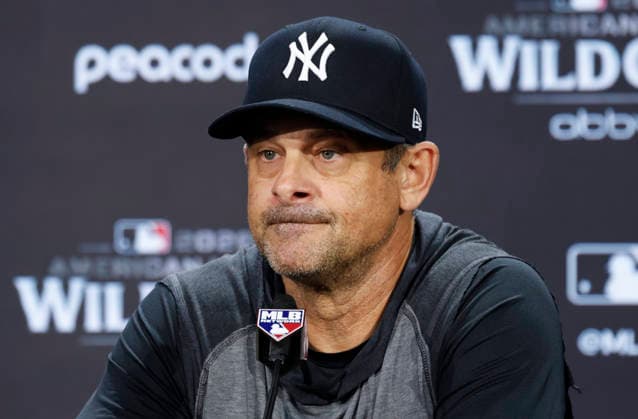 New York Yankees manager Aaron Boone speaks at a press conference, PK, Pressekonferenz one day before the start of the MLB, Baseball Herren, USA American League Wild-Card Series against the Boston Red Sox at Yankee Stadium on Monday, September 28, 2026 in New York City.  NYP20260928104 JOHNxANGELILLO