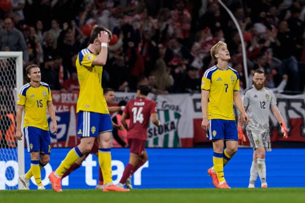 September 28, 2026: Gabriel Gudmundsson, Patrik Walemark, and Lucas Bergvall of Sweden look dejected after the 1-1 draw during the Nations League soccer match between Sweden and Poland on September 28, 2026 in Stockholm. Photo by Joel Marklund, BILDBYRAN. Code: JM JM0857 bbeng soccer football soccer international match Nations League UEFA Nations League Sweden Sweden A Poland Poland dejected  Copyright: JOELxMARKLUND BB260928JM023