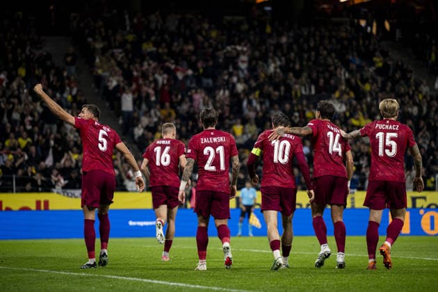 STOCKHOLM, SWEDEN - SEPTEMBER 28: Sebastian Szyma?ski of Poland (not in picture) celebrates after 1-1 during the Nations league soccer game between Sweden and Poland on Strawberry Arena in Stockholm, Sweden on September 28. Copyright: xPhilipxKangasx xSPPx Sportspressphoto_SPR241820