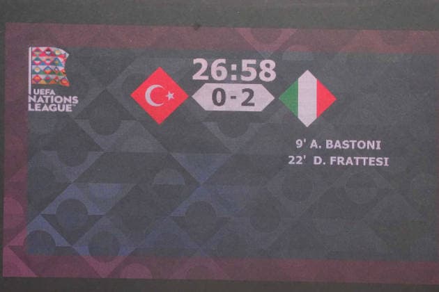 BURSA , TURKEY , SEPTEMBER 28 : Scoreboard during the UEFA Nations A League Group 1 match between Turkey and Italy at Bursa Crocodile Stadium on September 28, 2026 , in Bursa Turkey . ( Photo by Seskimphoto ) BURSA TURKEY BURSA TURKEY Copyright: xSeskimphotox Turkey-Italy-280926 (43)