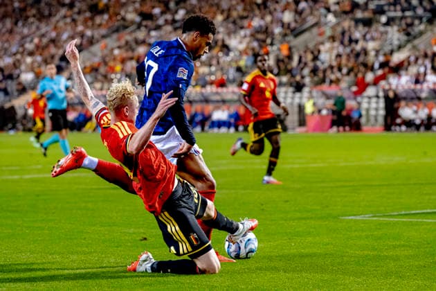 BRUSSELS, Belgium: Belgian midfielder Joaquin Seys and French forward D Sir Doué during the UEFA Nations League match between Belgium and France at King Baudouin Stadium on September 28, 2026, in Brussels, Belgium. Photo by DeFodi Images