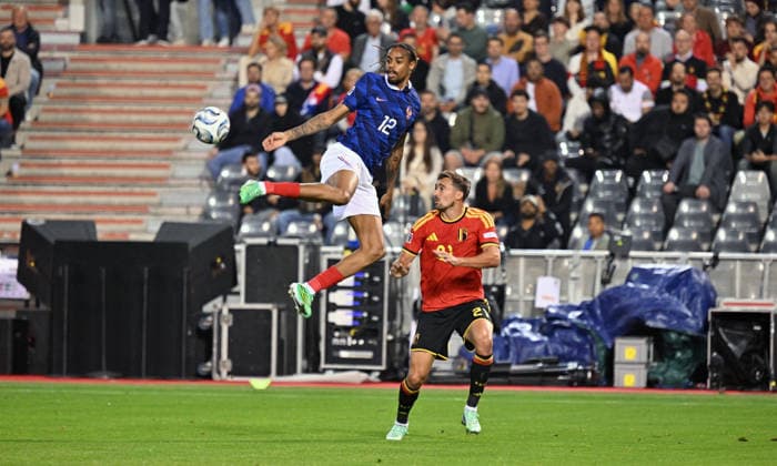 Belgium v France - UEFA Nations League A BRUSSELS, BELGIUM - SEPTEMBER 28: Timothy Castagne (21) of Belgium in action against Bradley Barcola (12) of France during the UEFA Nations League A Group 2 match between Belgium and France at King Baudouin Stadium in Brussels, Belgium on September 28, 2026. Dursun Aydemir Anadolu Brussels Belgium. Editorial use only. Please get in touch for any other usage.  Copyright: x2026xAnadoluxDursunxAydemirx